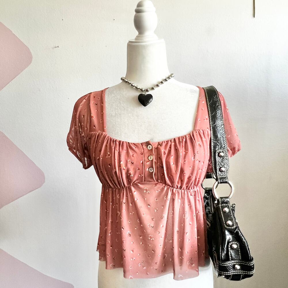 Pink Mesh Floral Babydoll Top Milkmaid Y2K Retro Indie Cottagecore Soft Girl XS